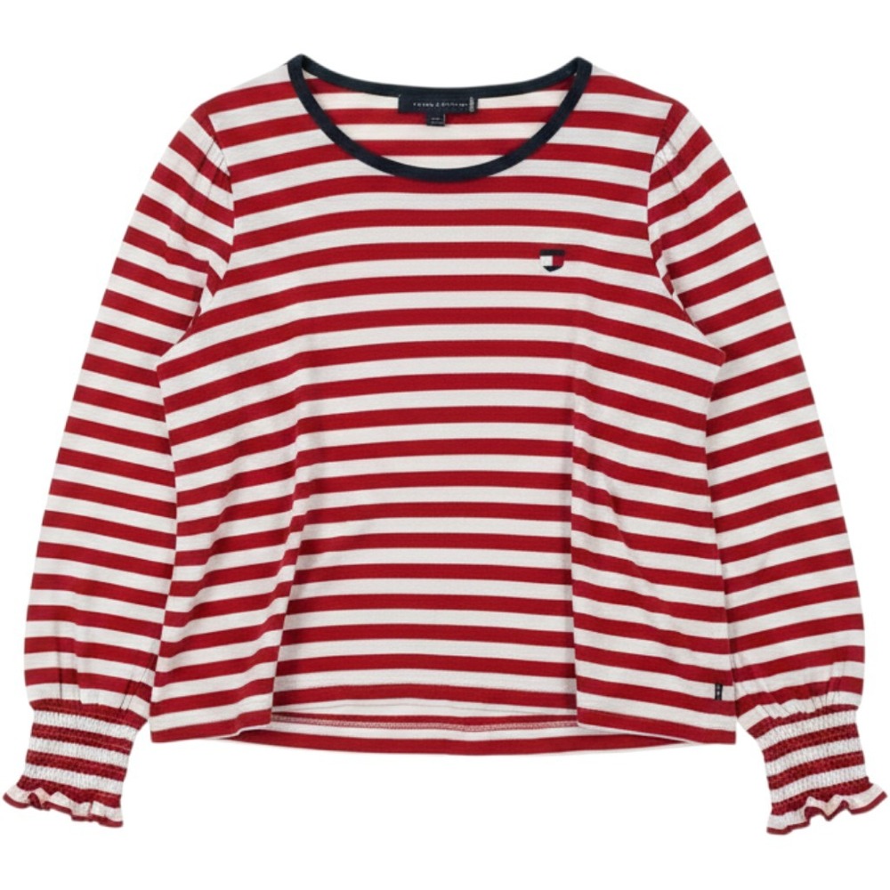 Tommy Hilfiger Top Women XL Red White Striped Puff Sleeve Smocked Cuff Preppy